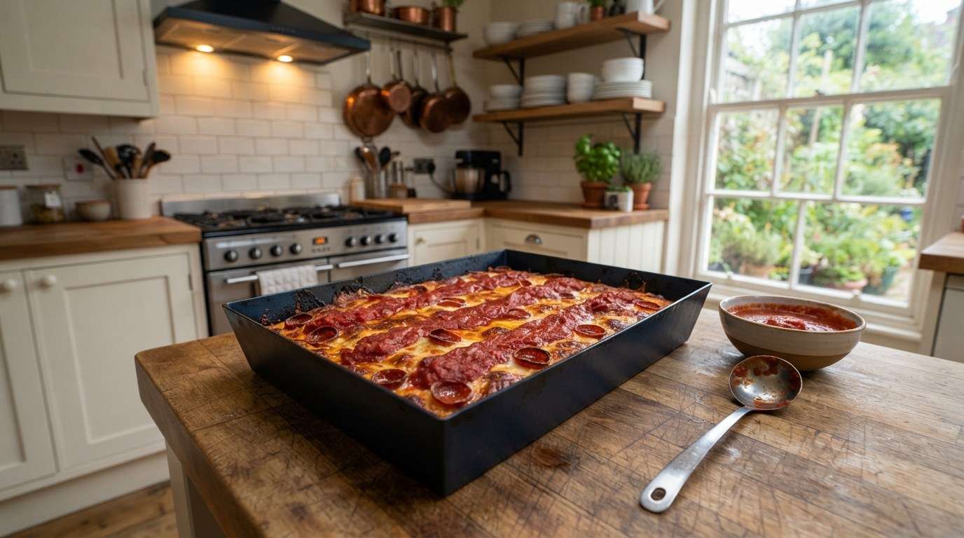 Baked Detroit-style pizza just out of the oven with deeply browned cheese edges and three stripes of tomato sauce ladled across the top