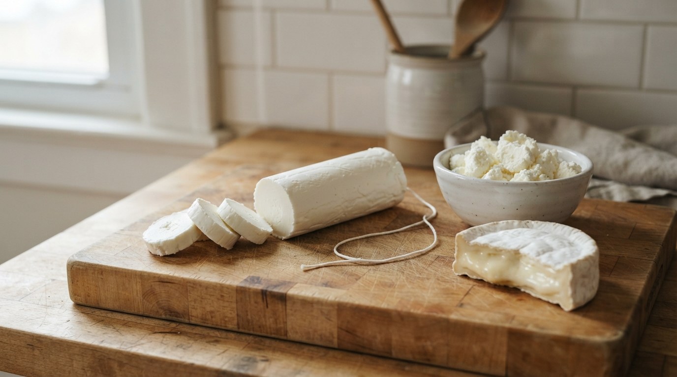 A log of fresh white goat cheese with four coins cut from one end and a length of plain thread beside it, a bowl of goat cheese crumbles and a wedge of bloomy-rind goat cheese with a soft creamline, on a wooden board