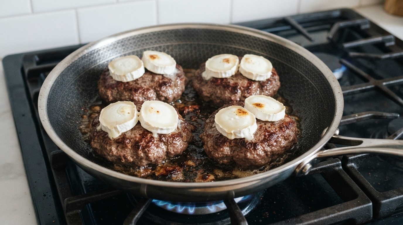 Four browned beef patties in a skillet, each topped with two thick coins of goat cheese that have softened at the edges and browned in a spot or two, still holding their round shape
