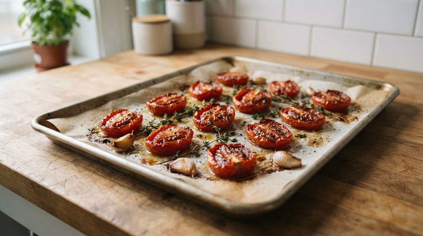 A parchment-lined baking sheet of slow-roasted plum tomato halves, deep red and wrinkled at the edges, with thyme sprigs and roasted garlic cloves, on a wooden counter