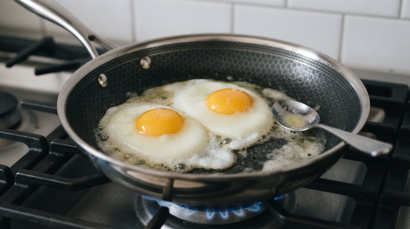 Two eggs frying gently in foaming butter in a skillet, whites just set, yolks glossy and runny, a spoon resting in the pan for basting