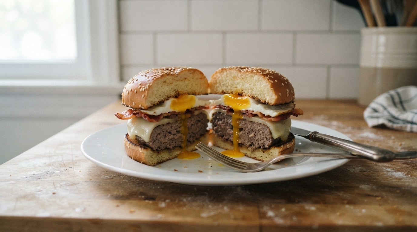 A Farmhouse Burger cut in half, runny egg yolk spilling over a patty cooked through with no pink, melted Dubliner and crisp bacon