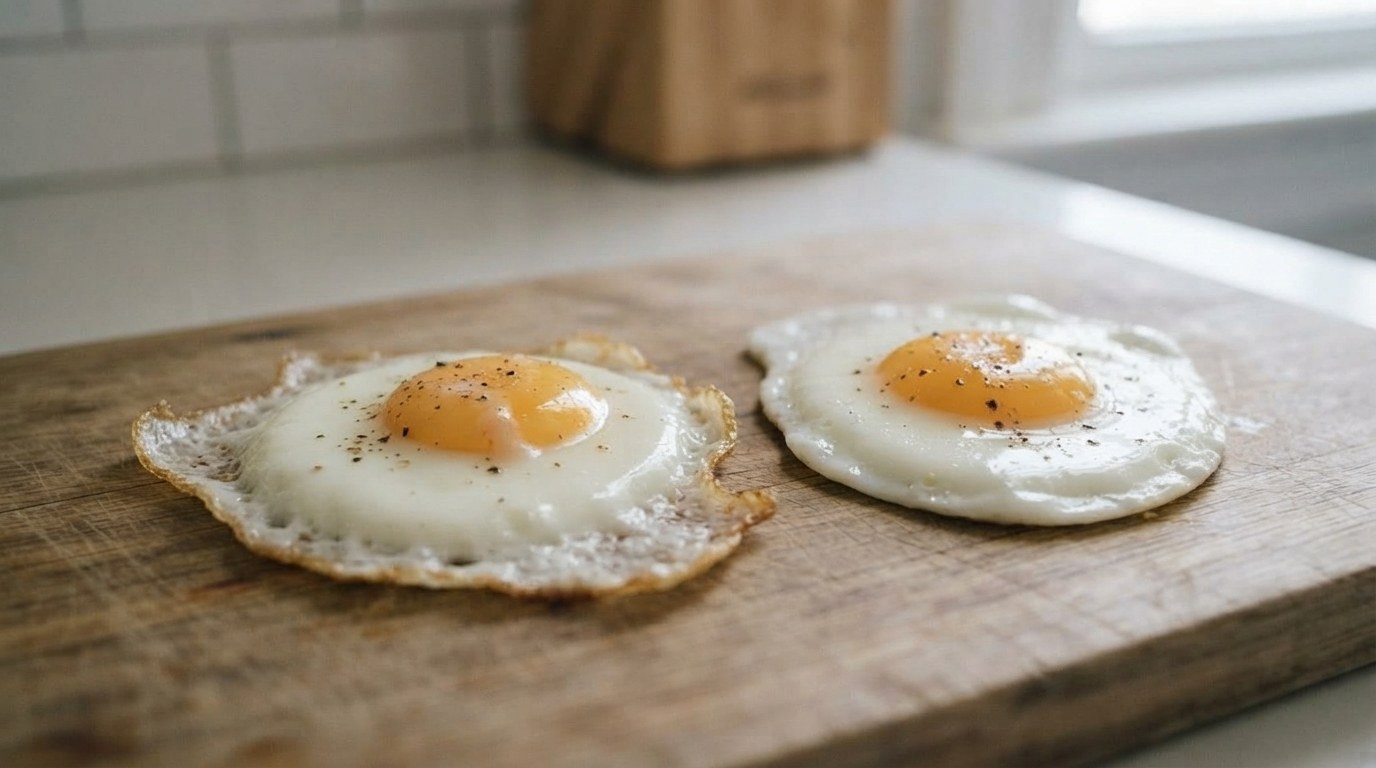 Two fried eggs on a wooden board: one with thin, lacy golden edges from hot oil, one with a smooth, tender white from butter, both with runny yolks