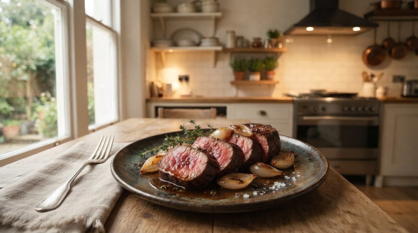 A pan-seared filet mignon topped with herb butter and sliced to show a medium-rare center