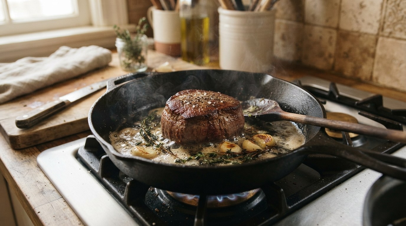 A filet mignon searing in a cast-iron skillet while butter, garlic, and thyme are spooned over the top