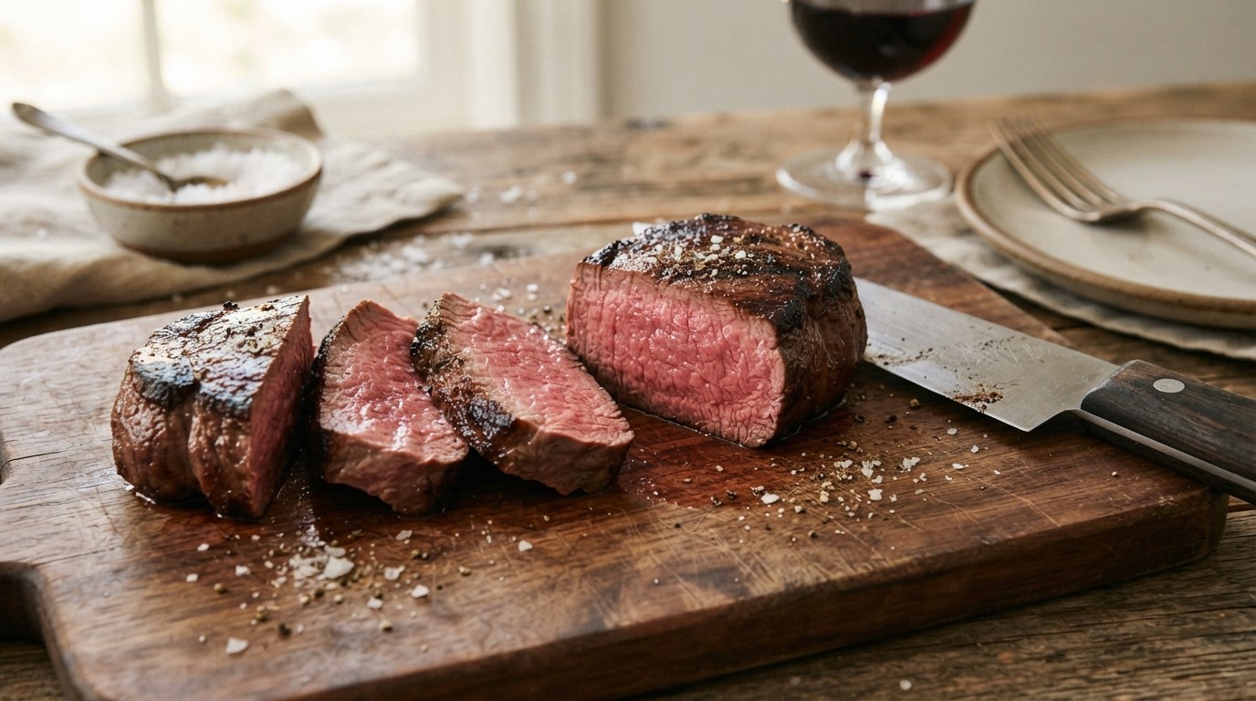 A rested filet mignon sliced on a wooden board, showing an even medium-rare interior, with flaky salt and a glass of red wine