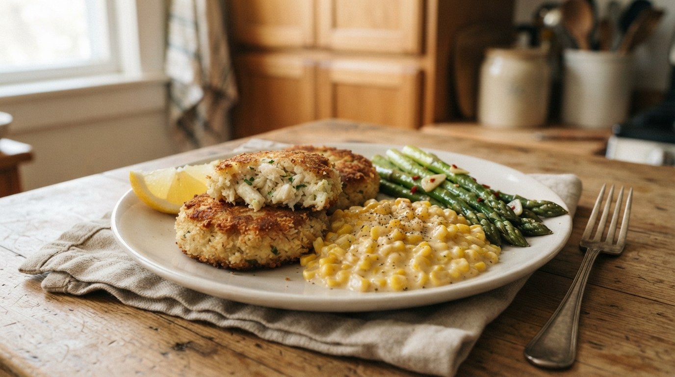 Two golden pan-fried crab cakes, one broken open to show lump crabmeat and chives, with creamed corn, garlicky asparagus and a lemon wedge