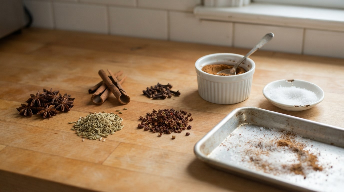 The five spices on a butcher-block counter: star anise, cassia bark, cloves, fennel seed and Sichuan peppercorns, with a ramekin of ground five-spice, coarse salt and a tray seasoned for the duck