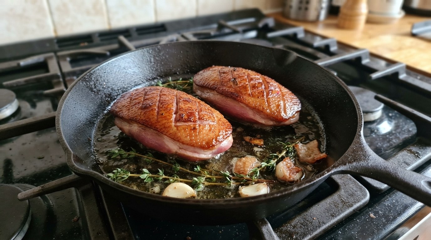 Two scored duck breasts turned skin side up in a black cast-iron skillet of rendered duck fat with thyme sprigs, crushed garlic cloves and crisping skin trimmings