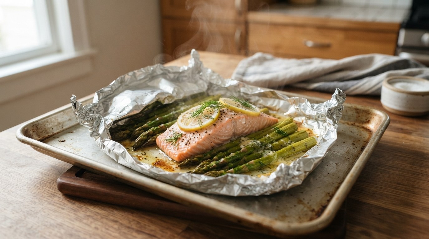 An opened aluminum foil packet on a sheet pan holding a cooked salmon fillet on asparagus with lemon slices and dill, steam rising