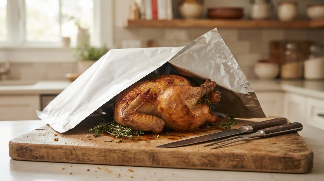 A roast chicken resting on a wooden carving board under a loose tent of aluminum foil, carving knife and fork beside it