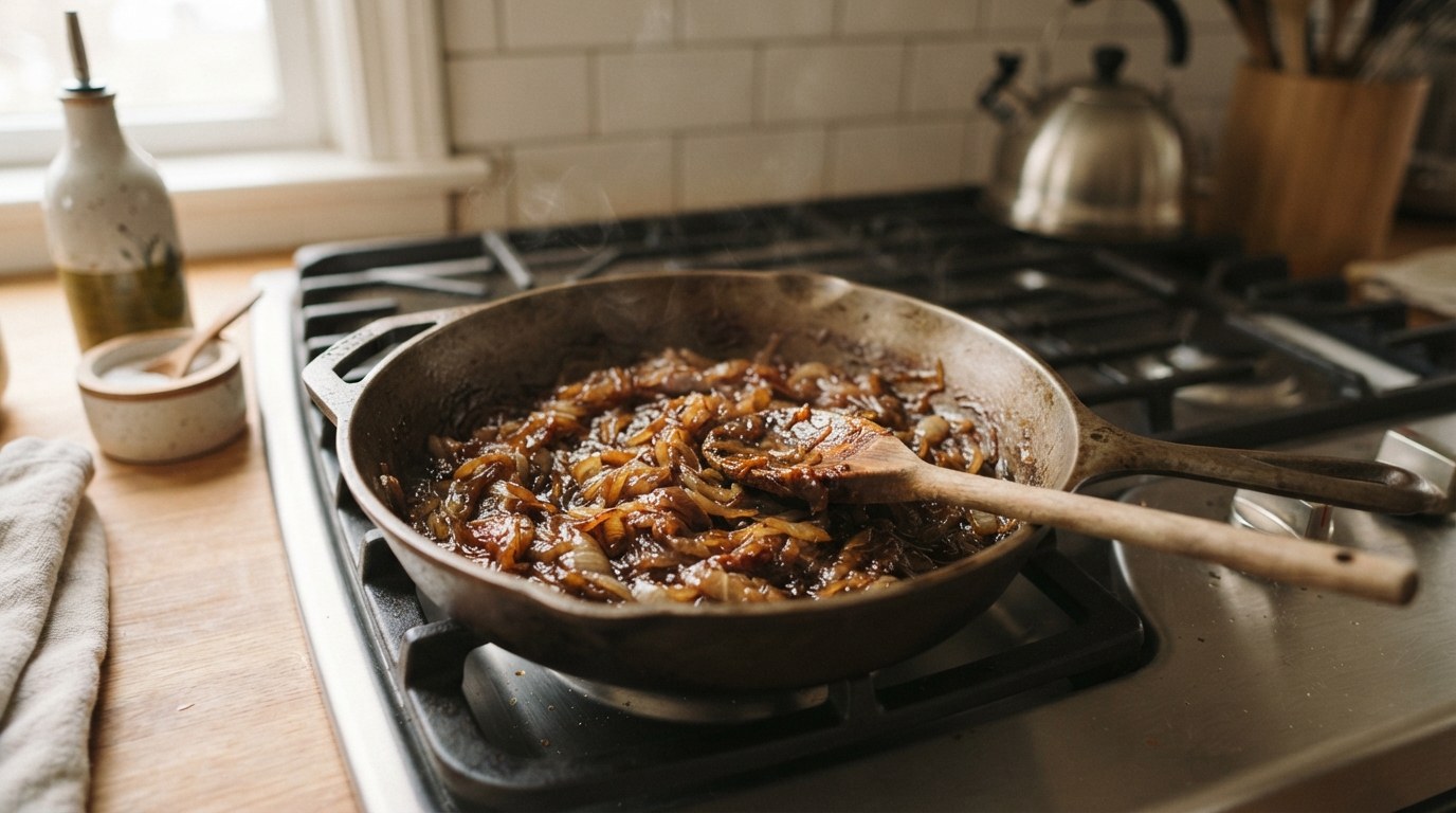 Deeply caramelized golden-brown sliced onions in a heavy pot, glossy and jammy