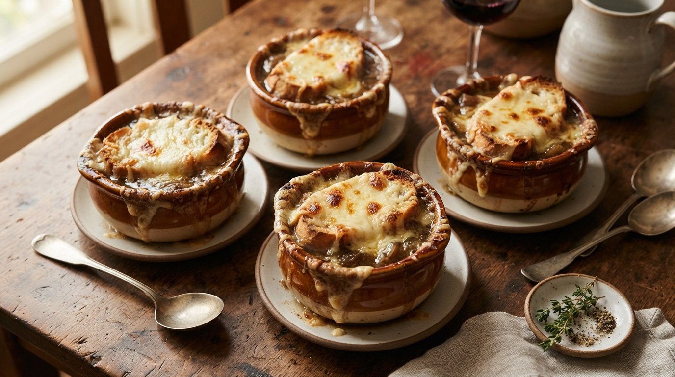 Bowls of onion soup topped with baguette and grated Gruyère turning golden and bubbling under a broiler