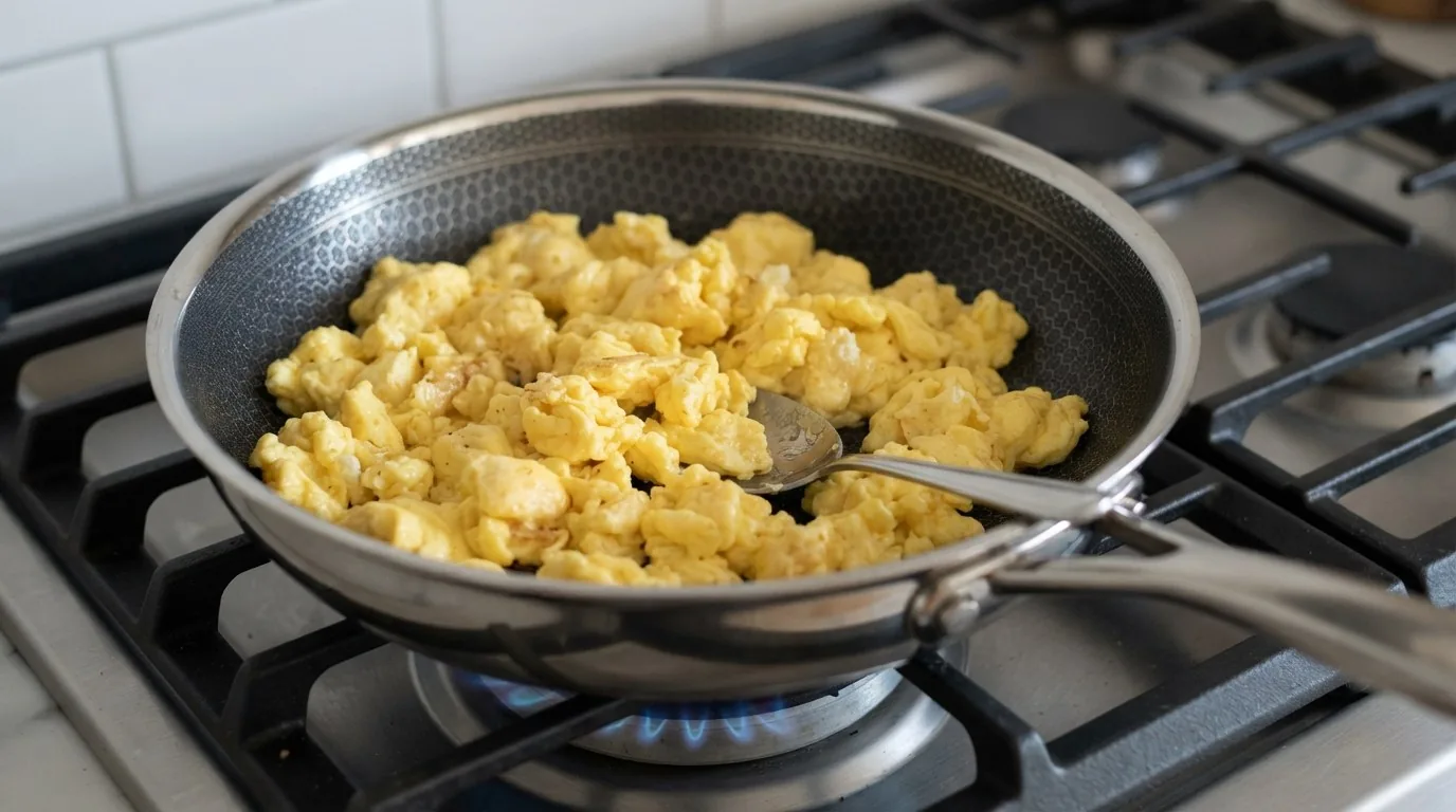 Eggs scrambled into soft set curds in a hot pan