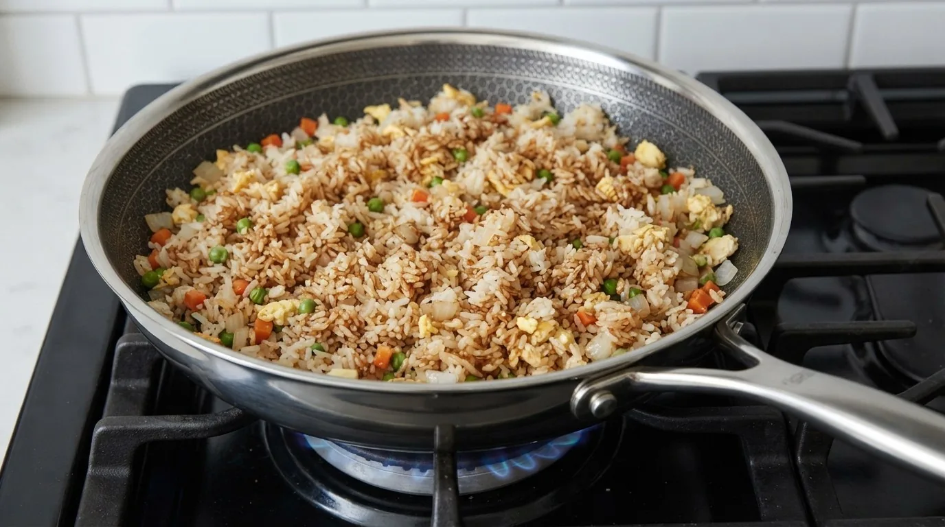 Cold rice tossed in a hot pan with carrot, peas, onion and egg, some grains golden and crisp