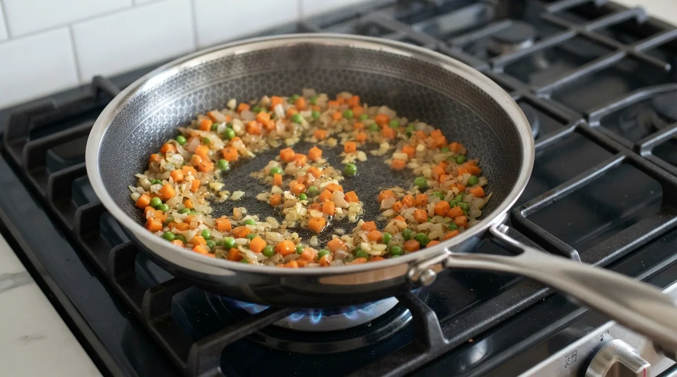 Diced carrot, onion, peas and garlic sizzling in oil