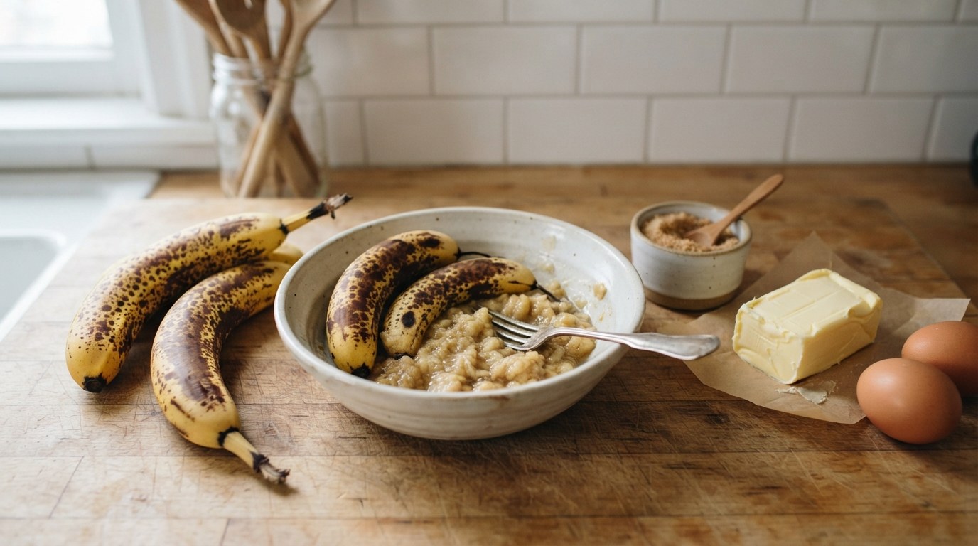 Very ripe brown-spotted bananas, two of them mashed in a bowl with a fork, beside light brown sugar, softened butter and two eggs on a butcher-block counter