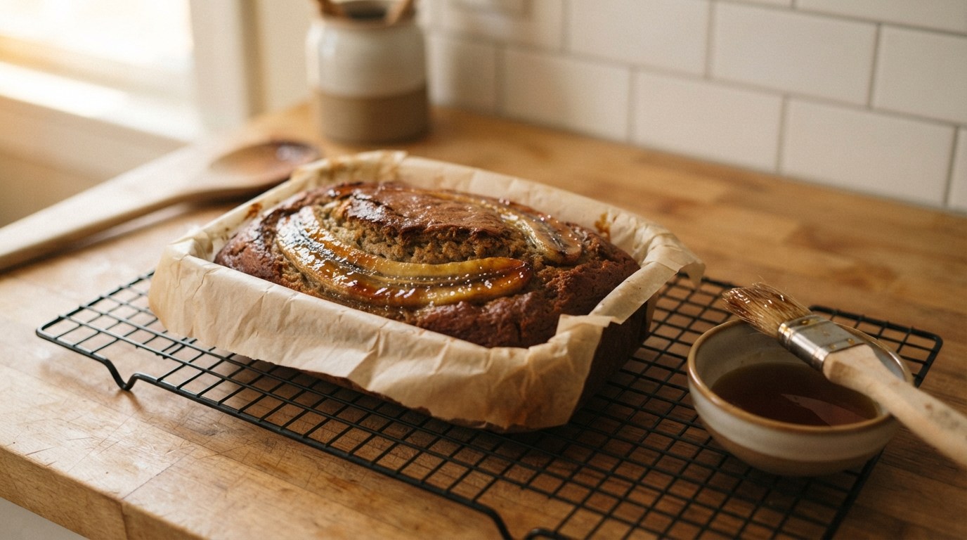 A freshly baked banana bread loaf in its parchment on a wire cooling rack, the banana halves on top caramelized and glossy with maple glaze, a bowl of maple syrup with a pastry brush beside it