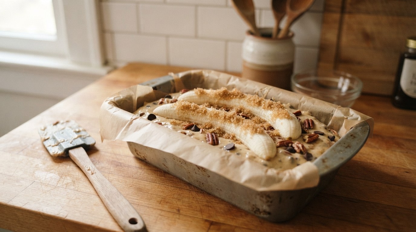 A parchment-lined loaf tin filled with raw banana bread batter studded with pecans and dark chocolate chips, two banana halves pressed cut side up into the top and sprinkled with brown sugar
