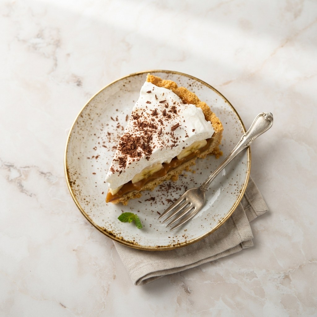 A slice of banoffee pie with whipped cream, banana, toffee, and grated chocolate