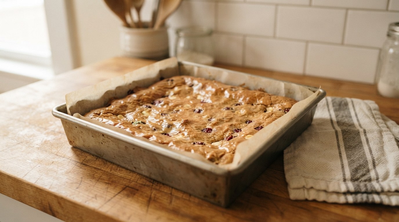 A parchment-lined square pan of freshly baked blondies with a golden, shiny crackled top flecked with white chocolate and cranberry, edges pulling from the parchment