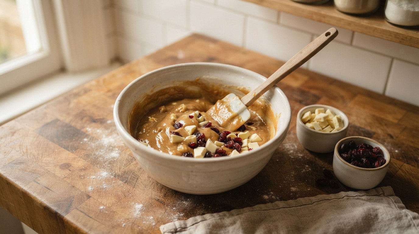 A bowl of glossy caramel-colored blondie batter with white chocolate chunks and dried cranberries being folded through, with a spatula resting in the bowl