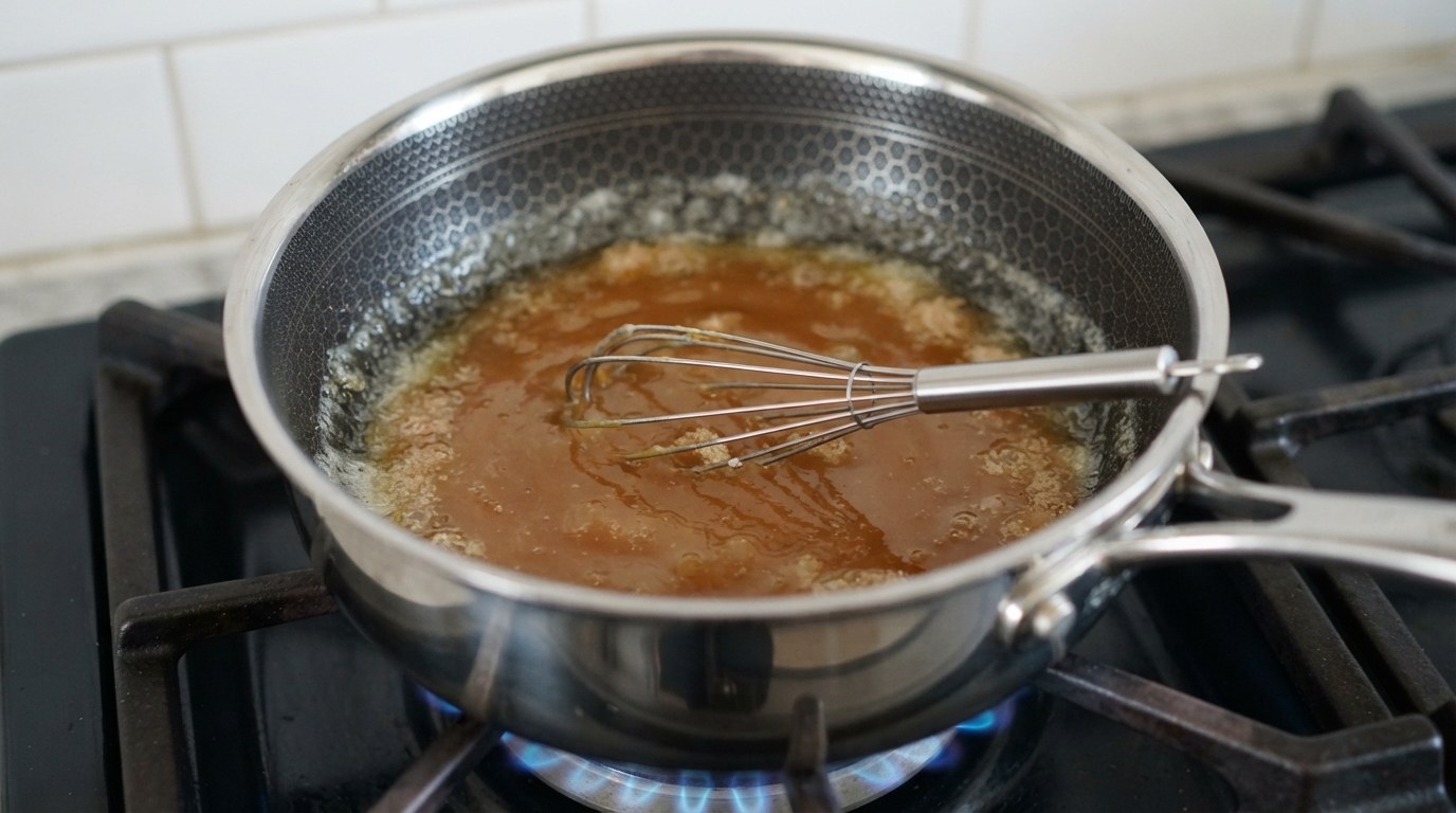 Melted butter and brown sugar whisked into a glossy caramel-colored mixture in a saucepan, with a whisk resting in the pan
