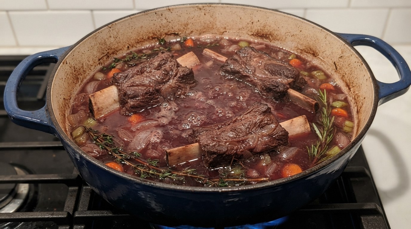Browned short ribs braising in red wine with carrots, celery, onion, and herbs in a Dutch oven