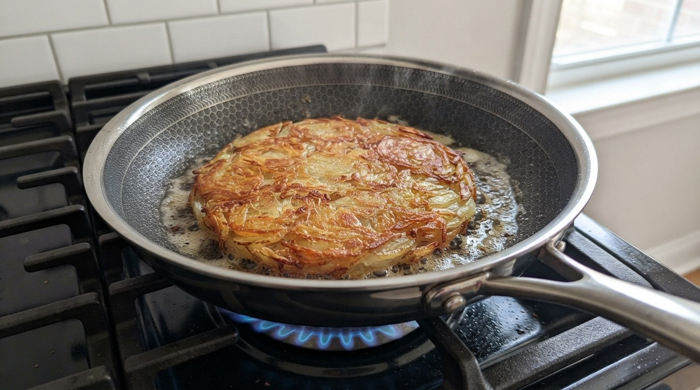A crispy golden layered potato cake frying in a skillet
