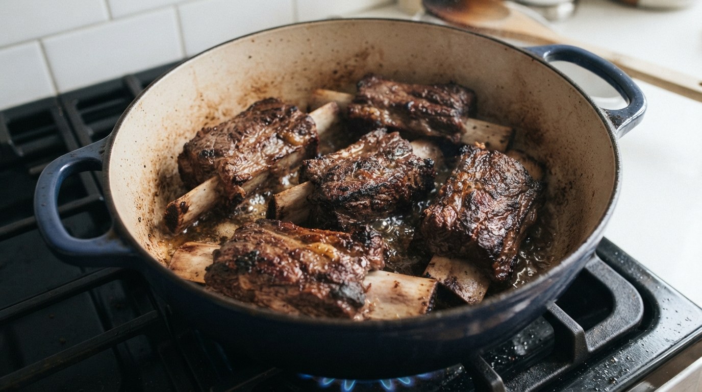 Bone-in beef short ribs searing to a deep brown crust in a Dutch oven