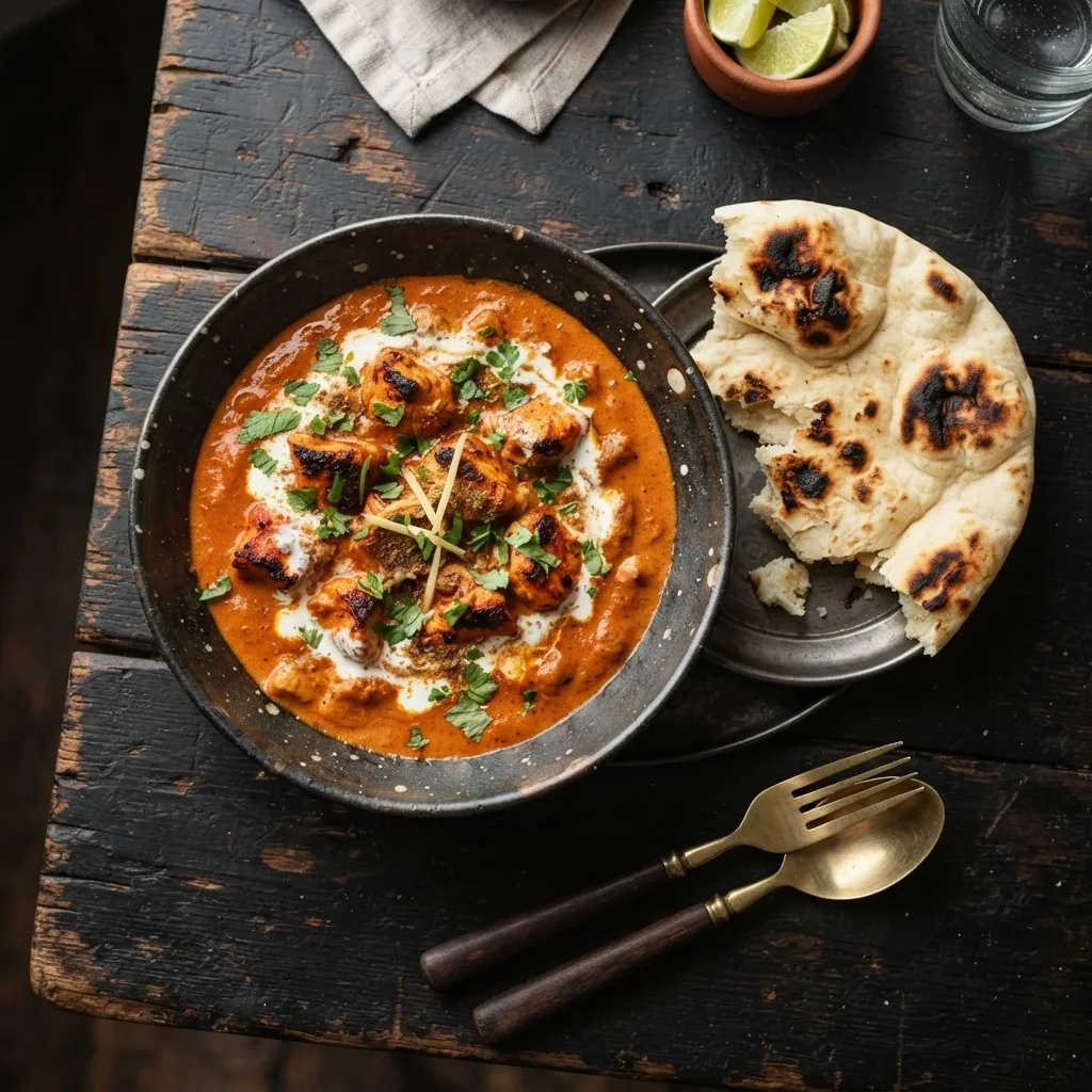 A bowl of butter chicken in creamy makhani sauce with coriander and naan
