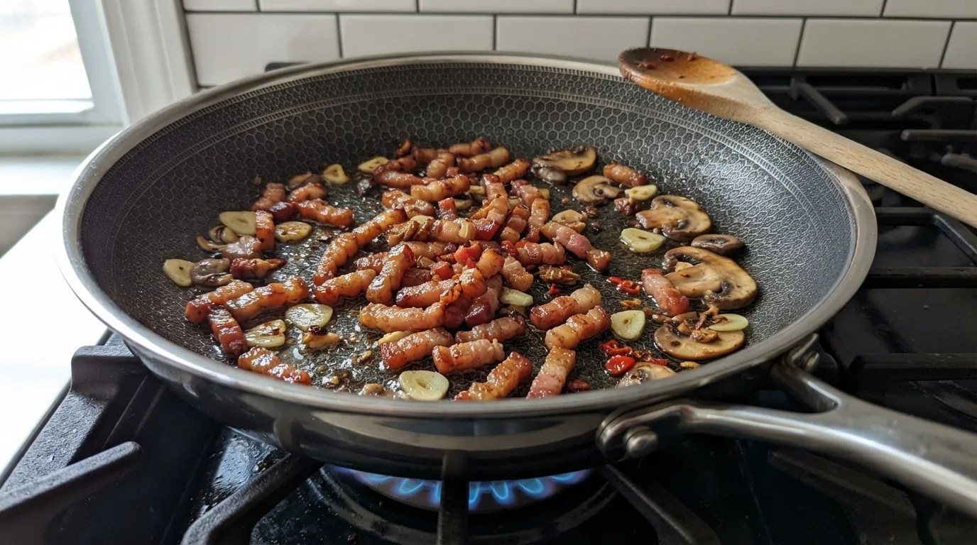 Crisp golden pancetta lardons with sliced garlic, browned mushrooms and minced red chili in a skillet, a wooden spoon resting on the pan