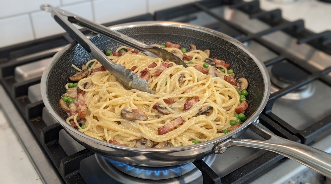 Spaghetti tossed with pancetta, mushrooms and peas in a glossy yolk sauce in a skillet, tongs resting in the pan
