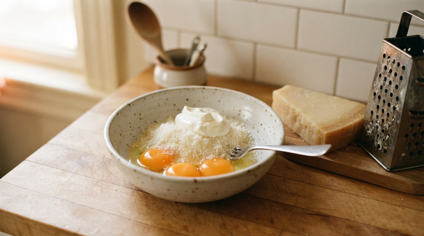 A bowl of egg yolks topped with finely grated Grana Padano and a spoonful of crème fraîche beside a wedge of cheese and a box grater