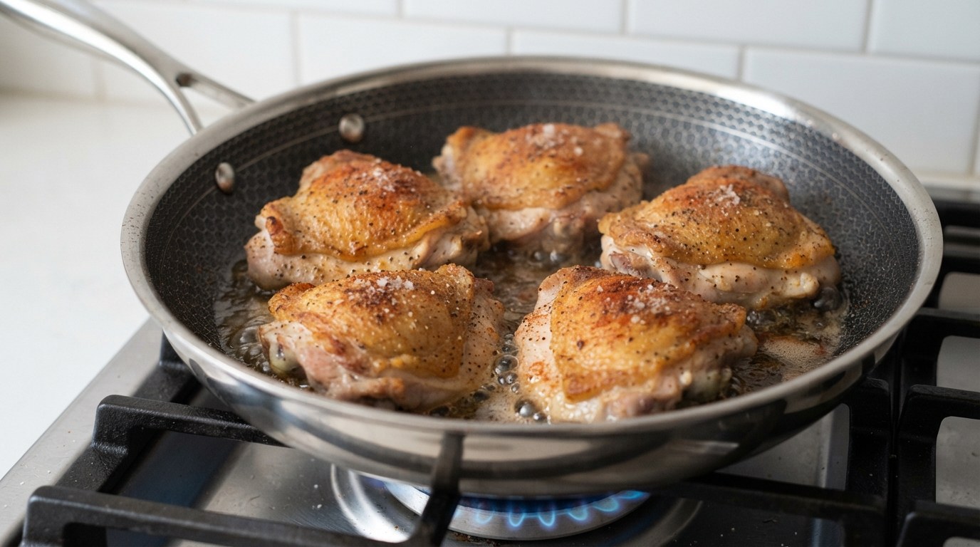 Bone-in chicken thighs searing skin-side down in a stainless skillet