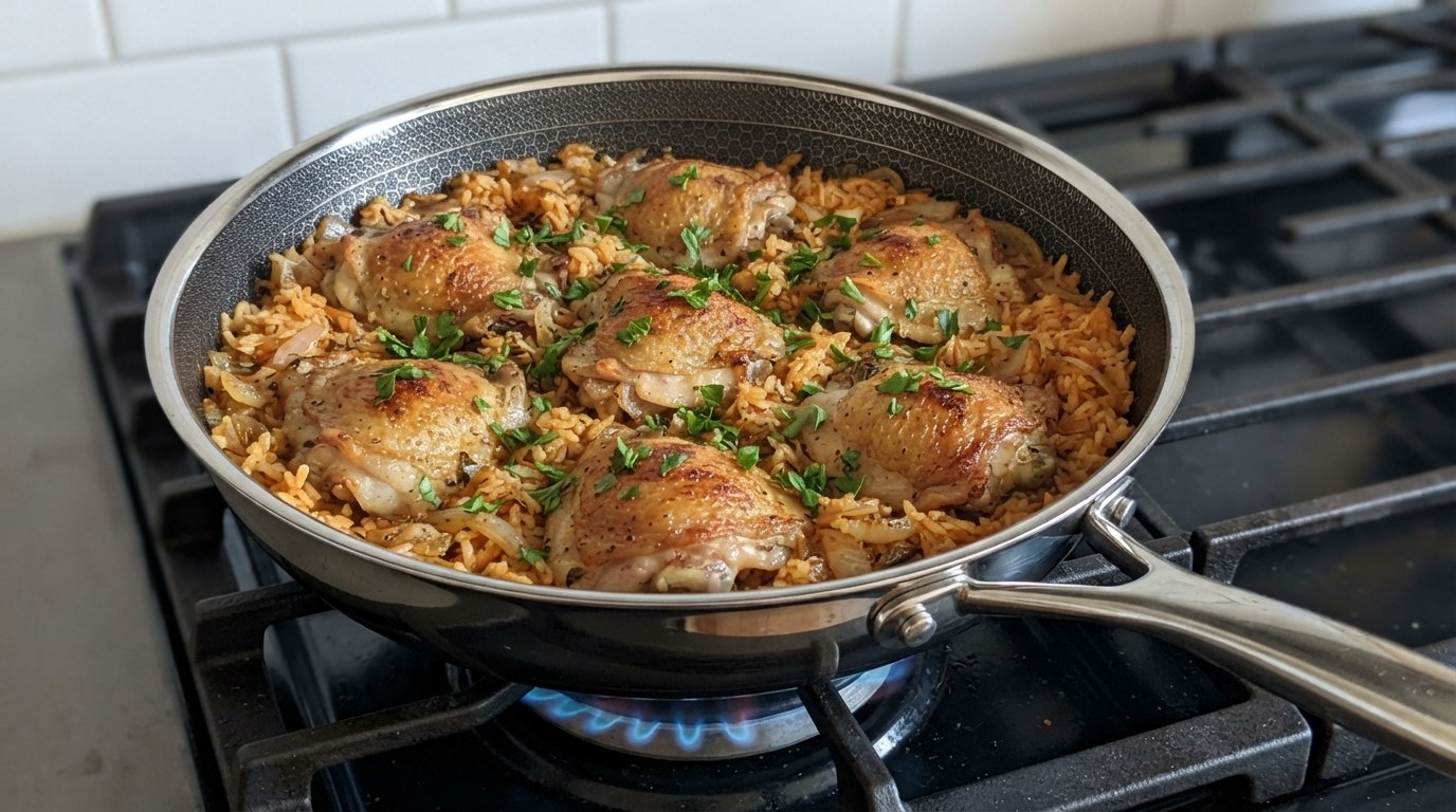 A finished one-pan chicken and rice with golden thighs nestled in paprika-tinted rice