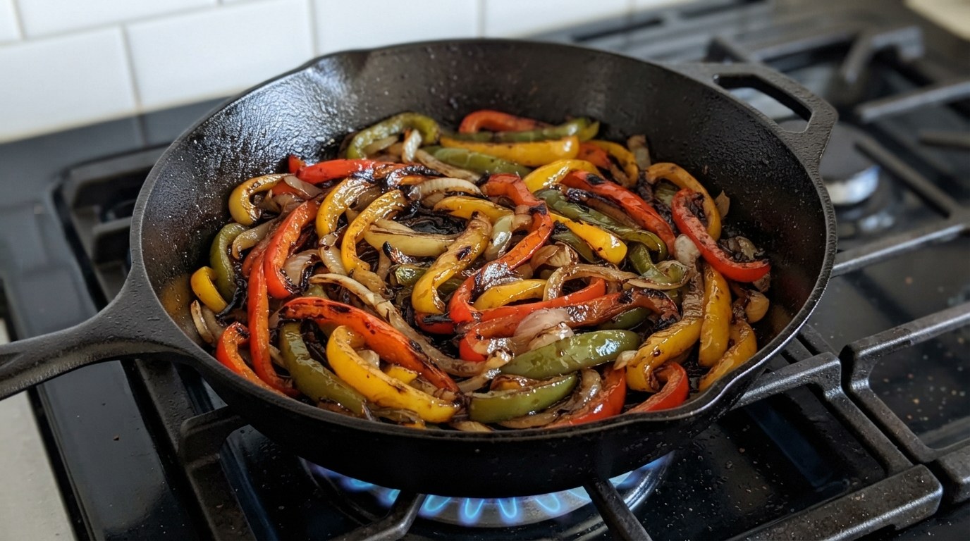 Red, yellow, and green bell peppers and onions caramelizing with char in a cast-iron skillet