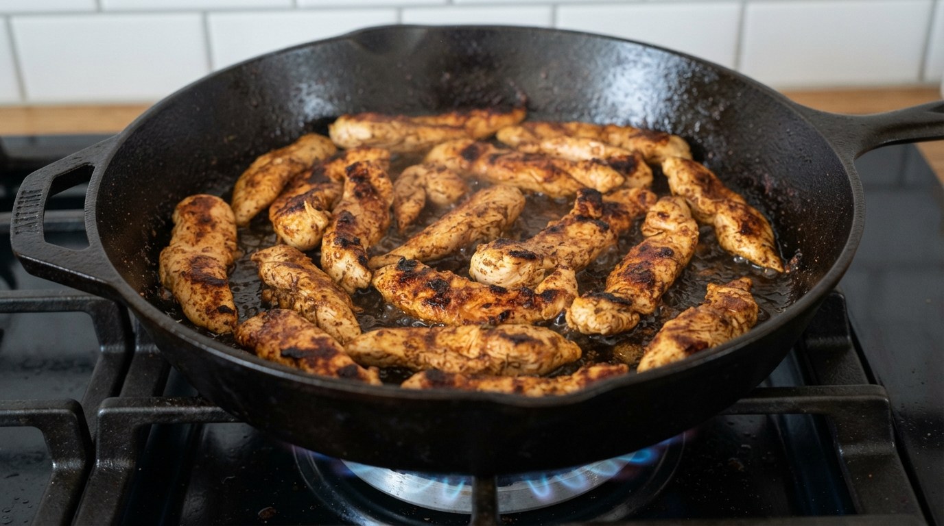 Marinated chicken strips searing and charring in a hot cast-iron skillet