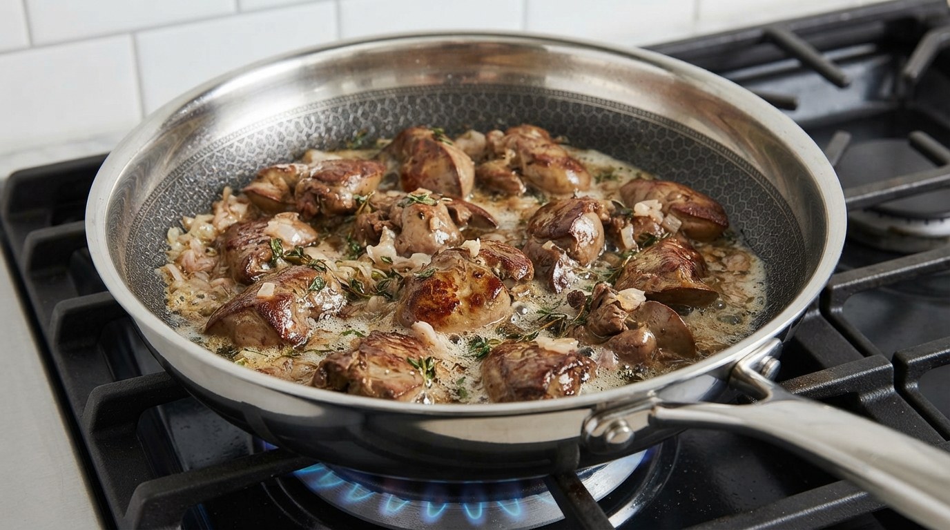 Chicken livers searing in foaming butter with shallot and thyme in a skillet
