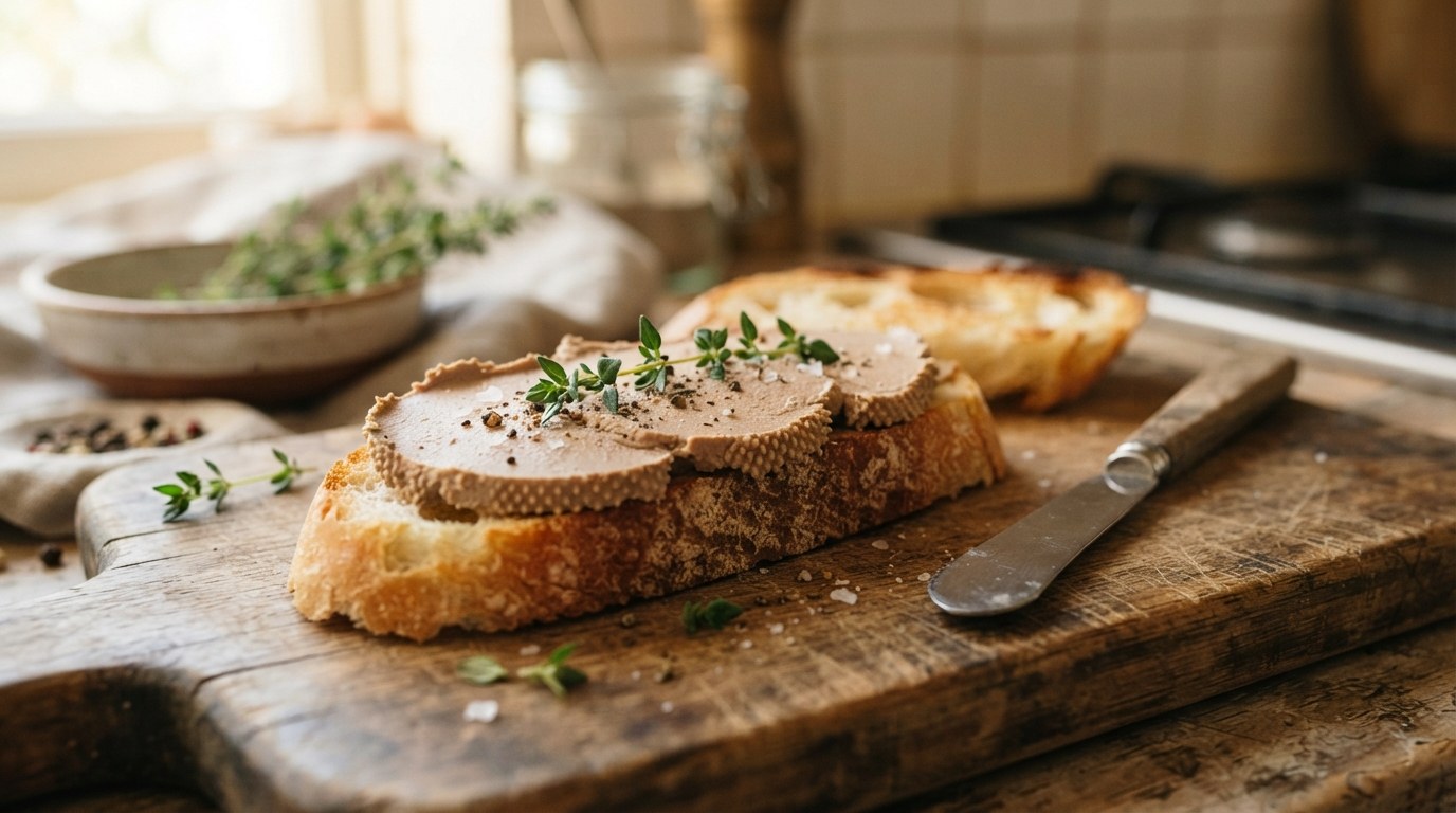 Smooth chicken liver pâté spread on toasted baguette with thyme and cracked pepper