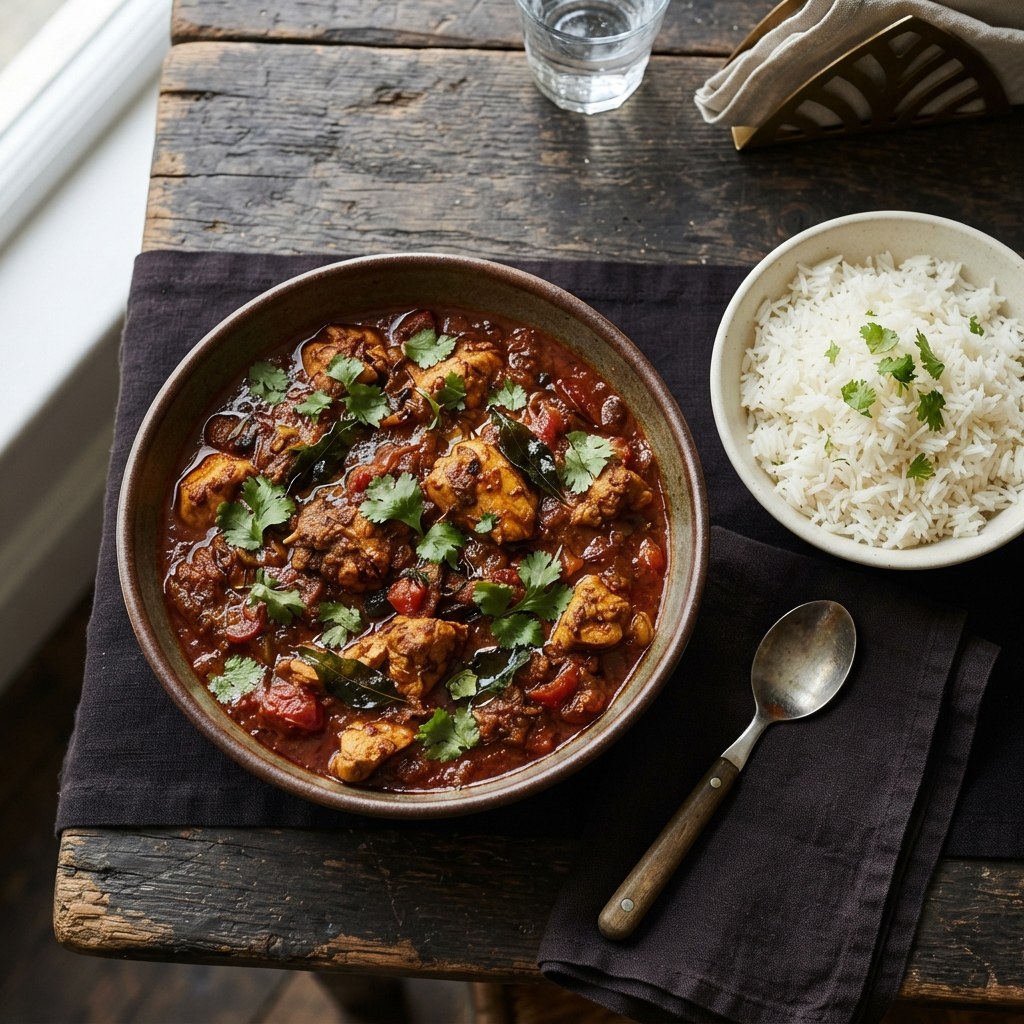 A bowl of chicken madras in a deep red spicy curry sauce with cilantro