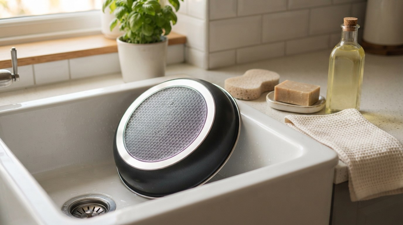 A hybrid frying pan with a hexagon-etched surface resting upside down in a farmhouse sink, with a sponge, a bar of soap, a folded towel and a bottle of cooking oil on the counter beside it