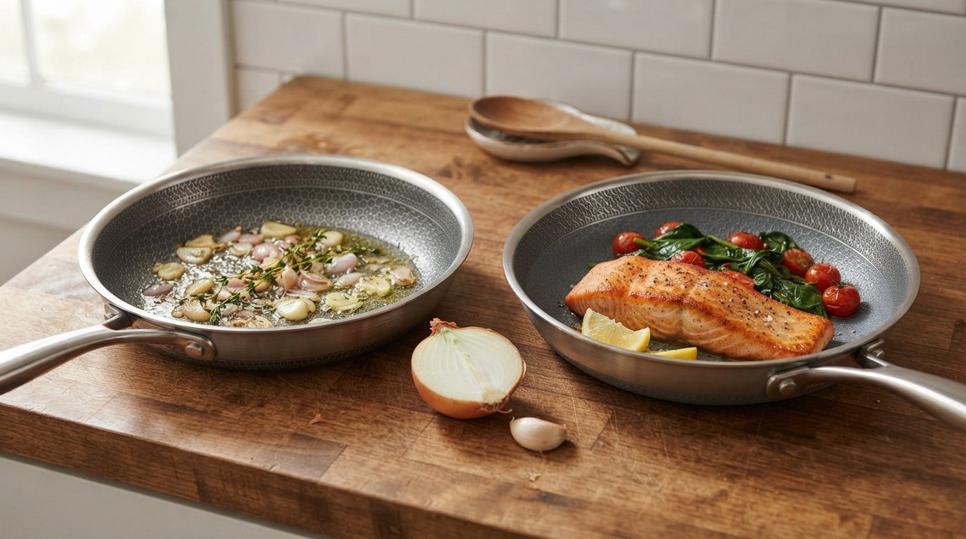 Two hybrid stainless-steel frying pans with laser-etched patterned surfaces side by side on a butcher-block counter, one with shallots and thyme in butter, the other with a seared salmon fillet, spinach and cherry tomatoes