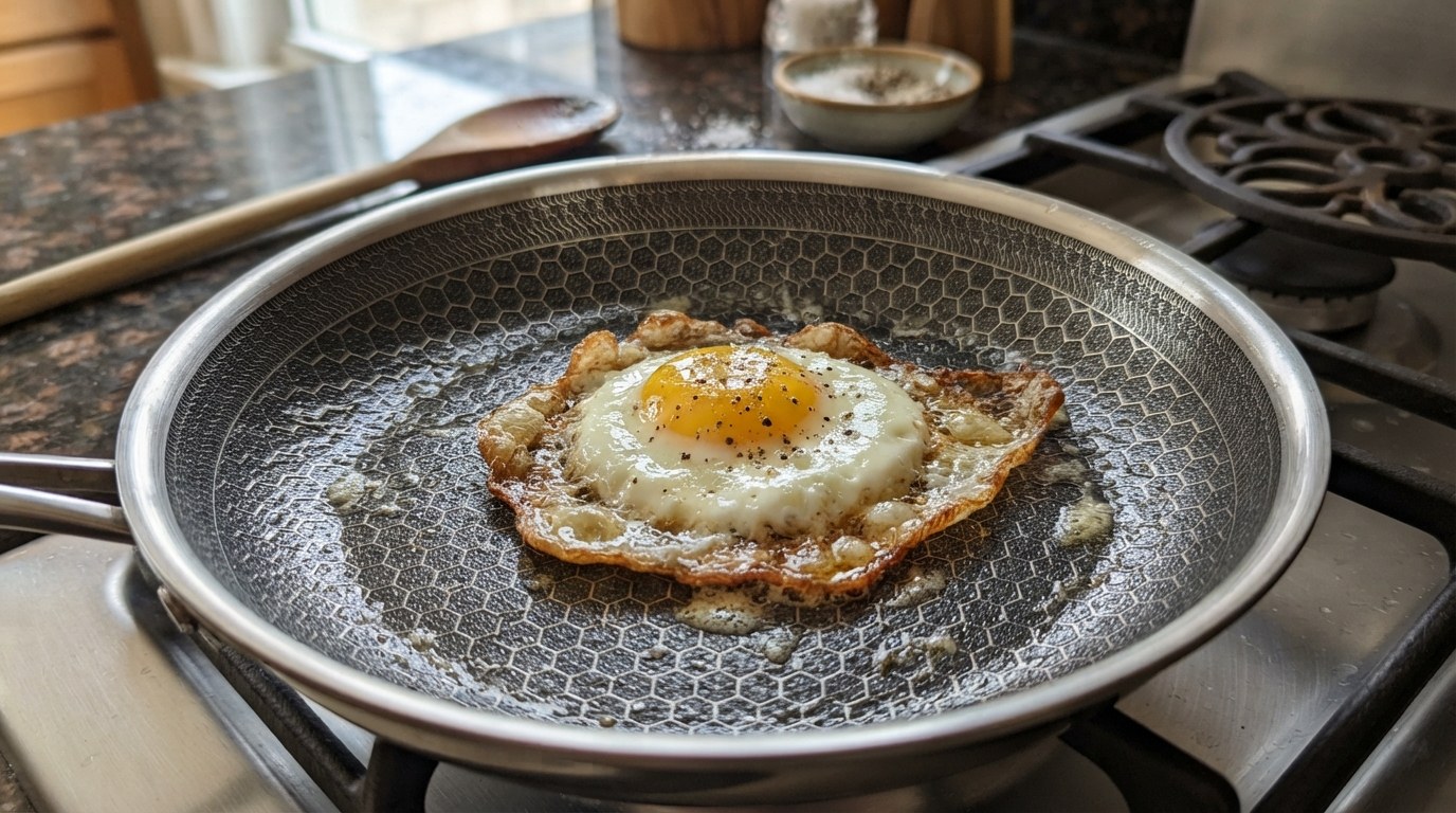 Close-up of a fried egg with a lacy golden edge sitting on the laser-etched hexagon surface of a hybrid frying pan, raised stainless ridges over dark nonstick valleys