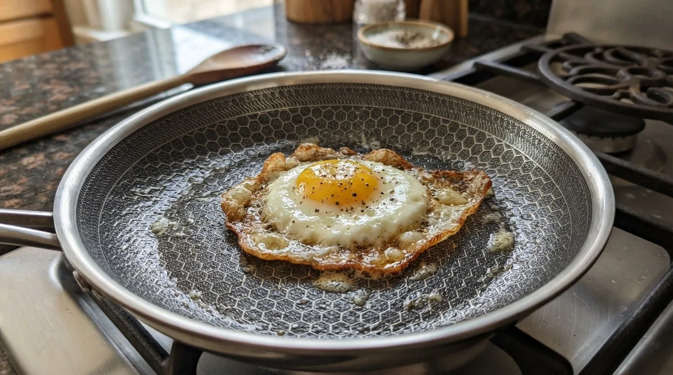 Close-up of a fried egg with a lacy golden edge sitting on the laser-etched hexagon surface of a hybrid frying pan, raised stainless ridges over dark nonstick valleys