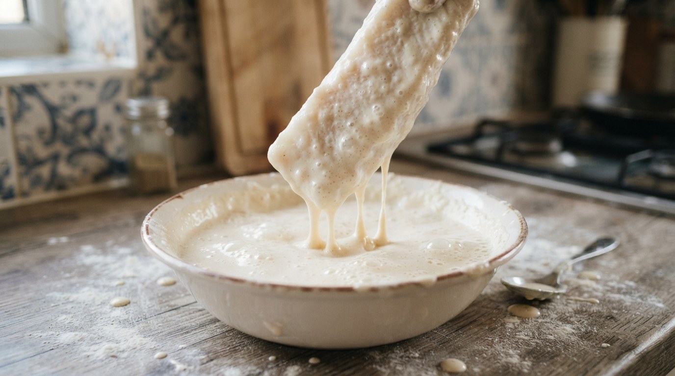 A cod fillet being dipped into a bowl of pale, bubbly beer batter, thick drips falling back into the bowl