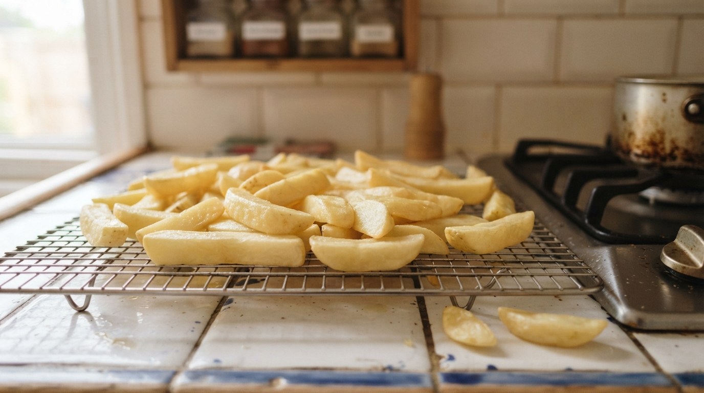 Thick-cut chips draining on a wire rack after their first fry, pale and matte, before the second frying