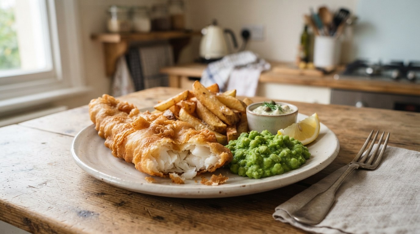 Beer-battered cod with thick chips, mushy peas, tartare sauce and a lemon wedge on a plate on a kitchen table