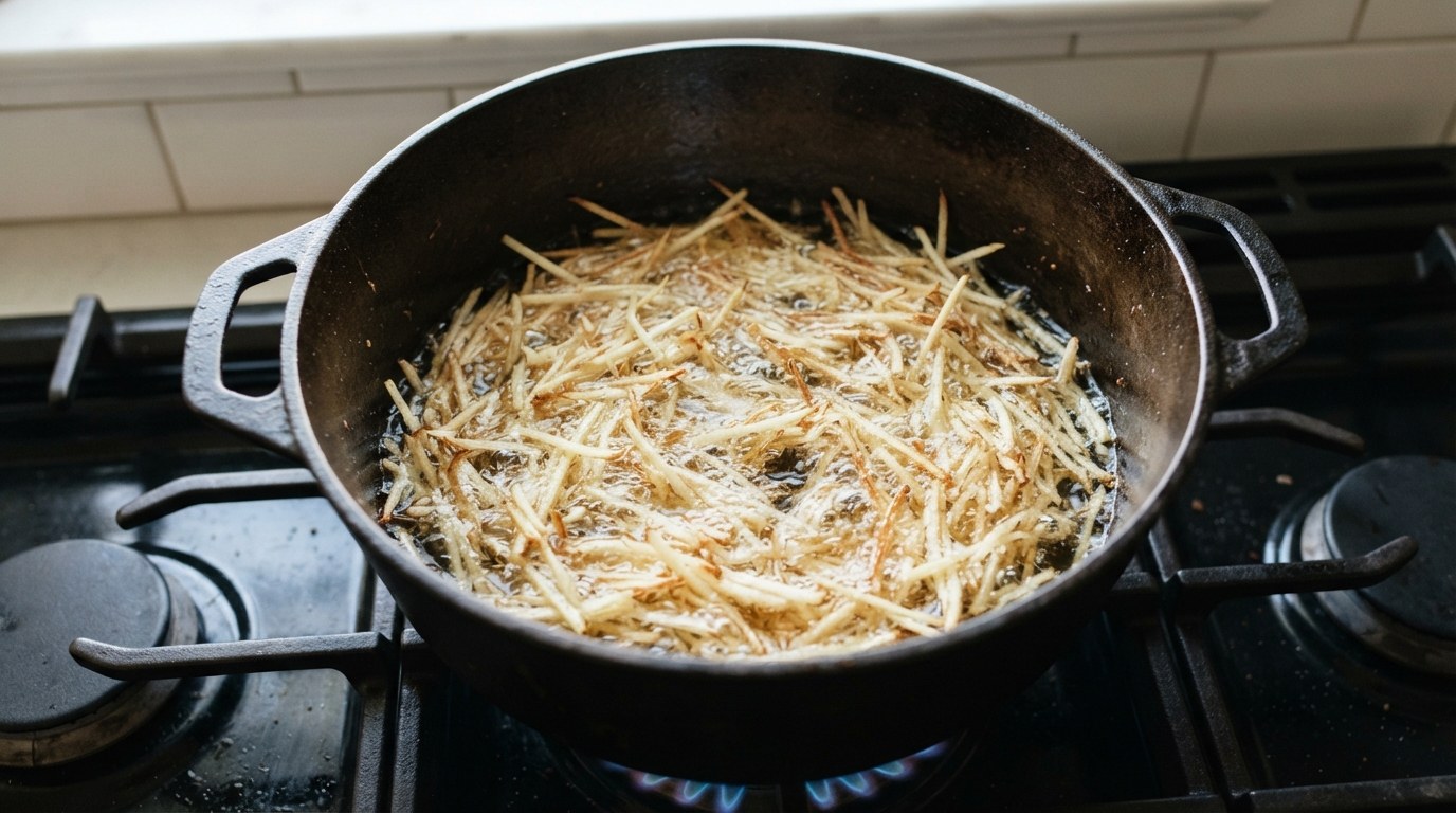 A tangle of thin shoestring potato strips frying to pale gold and crisp in a pot of oil