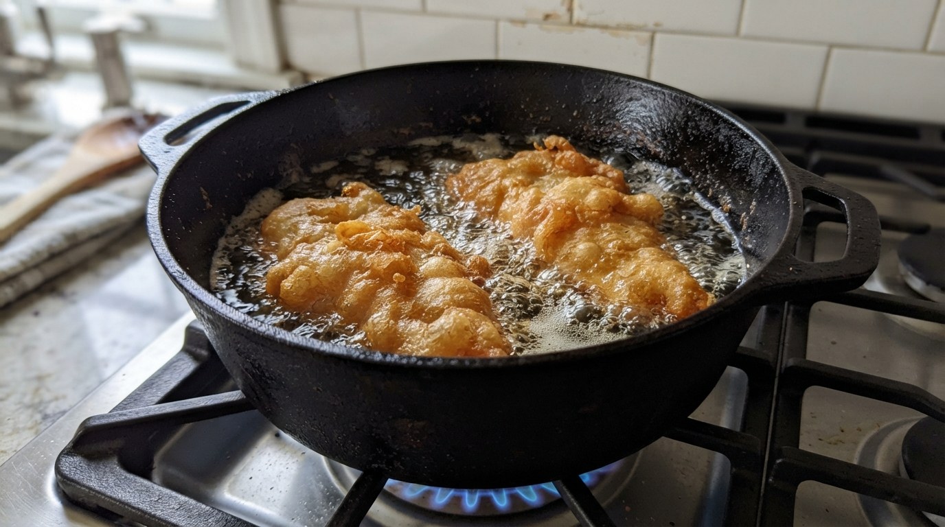 Two beer-battered branzino fillets frying to deep golden in hot oil in a cast-iron pot